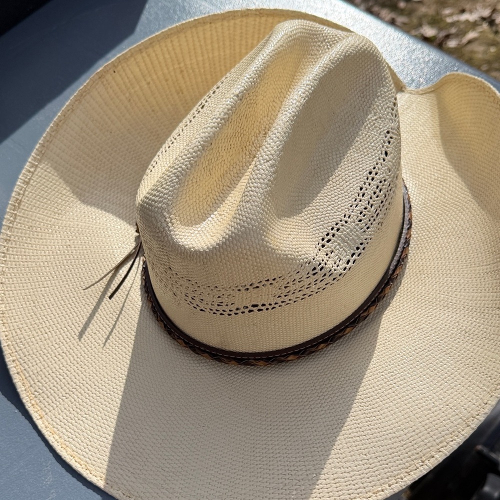 Bull Ranch Cream Straw Cowboy Hat with Brown Band - Picture 3 of 10